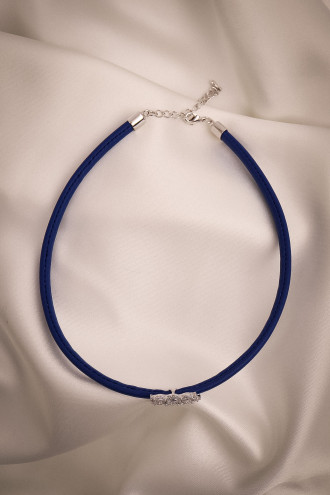 Mavi Yumuşak Deri Gümüş Renk Zircon Taşlı Choker