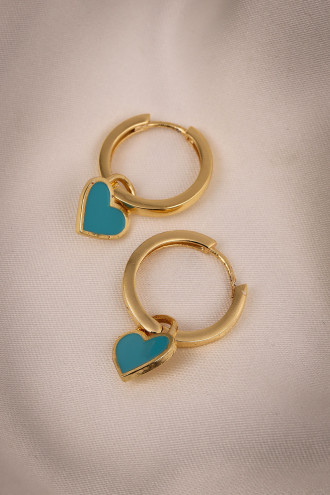 Mavi Mineli Kalp Charm Gold Renk Halka Küpe