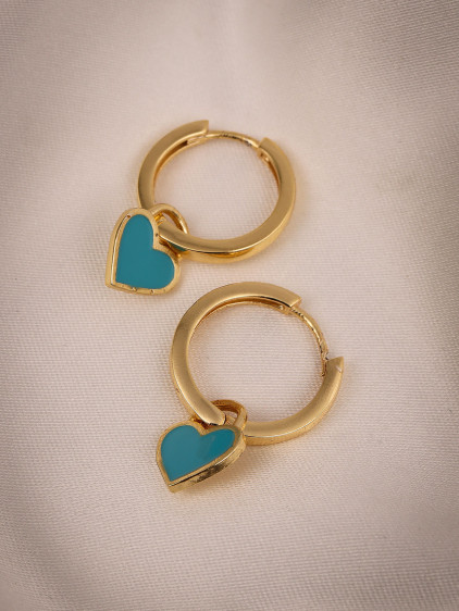 Mavi Mineli Kalp Charm Gold Renk Halka Küpe