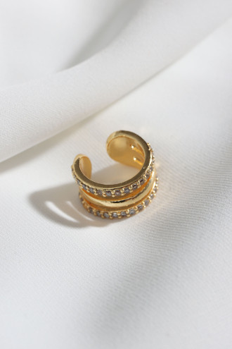 Üç Sıralı Taşlı Tek Sıkıştırmalı Gold Renk Kıkırdak Küpe