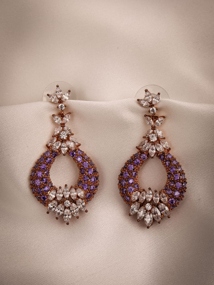 Rose Renk Mor Zircon Taşlı Sallantılı Abiye Küpe