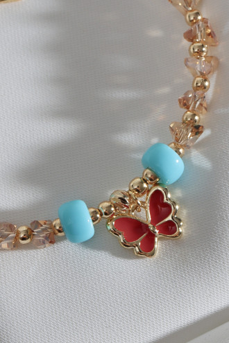 Bal Rengi Kristal Taşlı Kırmızı Mineli Kelebek Bileklik