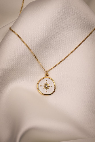 Beyaz Mineli Kutup Yıldızı Figürlü Gold Renk Kolye