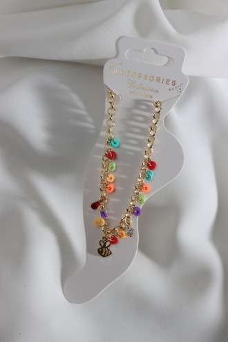 Renkli Fimo Boncuk Sallantılı Gold Renk Zincir Halhal