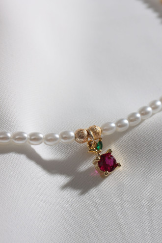 Kırmızı Zircon Taşlı Elma Uçlu İnci Kolye