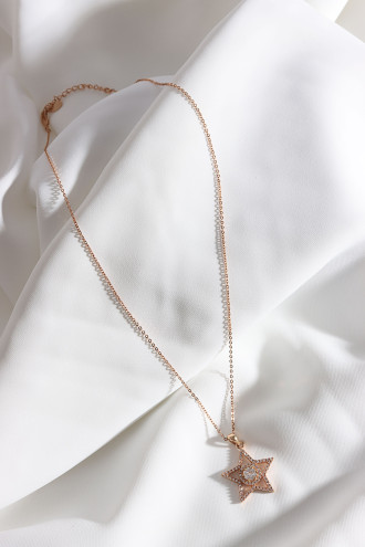 Zircon Taşlı Yıldızlı Rose Renk Kolye