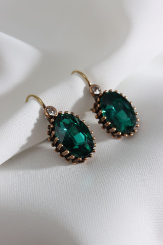 Büyük Boy Yeşil Taşlı Oval Otantik Küpe