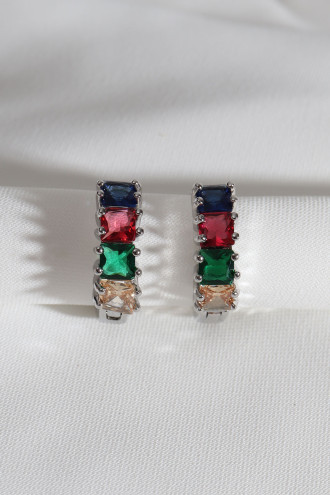 Renkli Kare Taşlı Küçük Boy Zircon Gümüş Renk Küpe