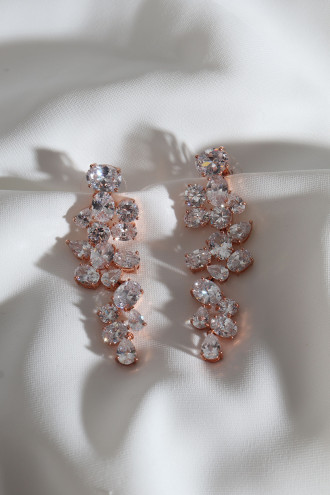 Taşlı Rose Renk Uzun Abiye Küpe