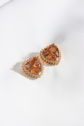 Bal Rengi Taşlı Gold Renk Kalp Küpe