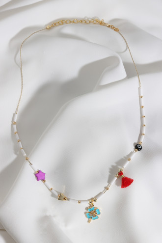 Yonca Uçlu Mor Yıldızlı Beyaz Kolye Yonca Uçlu Mor Yıldızlı Beyaz Kolye