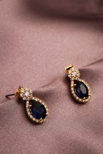 Lacivert Taşlı Küçük Boy Gold Renk Abiye Küpe