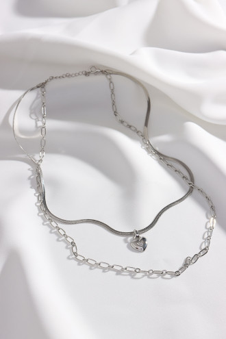 2'Li Ezme Italyan Zincirli Kalp Uçlu Gümüş Renk Kolye