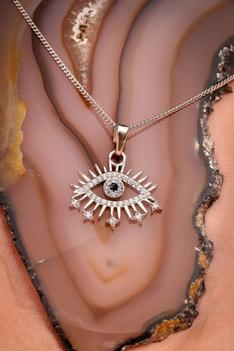 Gümüş Renk Zircon Taşlı Göz Kolye