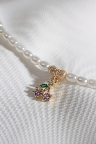 İnci Pembe Taşlı Kiraz Kolye