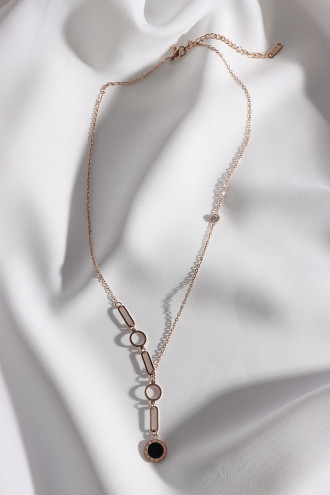 Rose Renk Çelik Süzme Siyah Mineli Kolye