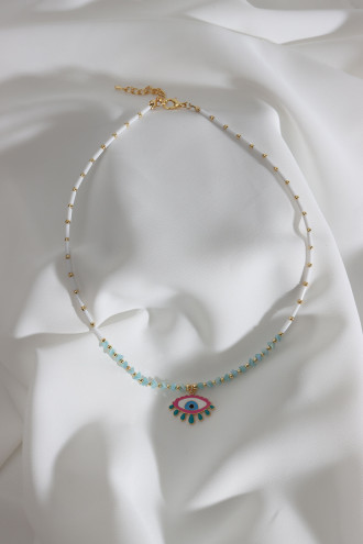 Renkli Mineli Göz Uçlu Beyaz Boncuk Kolye