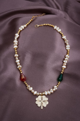 Gold Renk Yonca Uçlu Inci Kolye