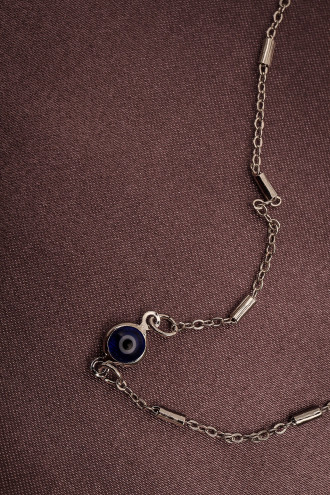 Uzun Lacivert Nazarlı Gümüş Renk Kolye