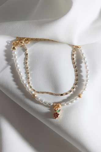 2'Li İnci Ve Gold Renk Zincirli Kırmızı Taşlı Üzüm Uçlu Bileklik