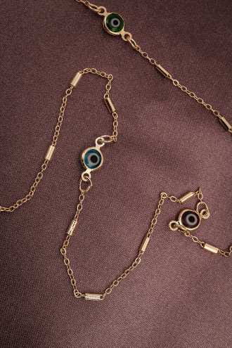 Uzun Renkli Nazarlı Gold Renk Kolye