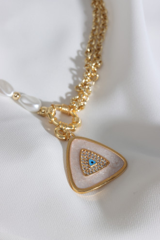 Üçgen Krem Mineli Nazar Uçlu Inci Kolye