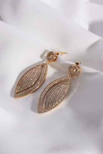 Uzun Sallantılı Zircon Taşlı Gold Renk Abiye Küpe