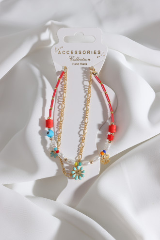 2'Li Kırmızı Boncuklu Gold Renk Zincirli Charm Halhal