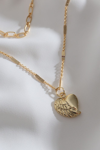 3'Lü Kanatlı Kalp Uçlu Gold Renk Zincir Kolye