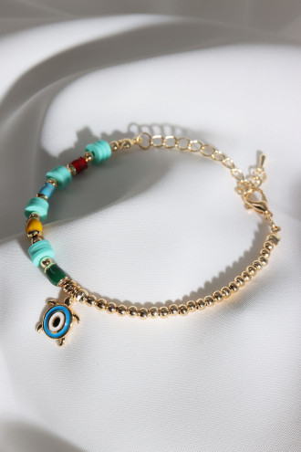 Yeşil Fimo Boncuk Detaylı Kaplumbağa Uçlu Top Bileklik