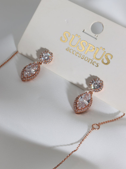 Zircon Taşlı Badem Kolye ve Küpe Abiye Set