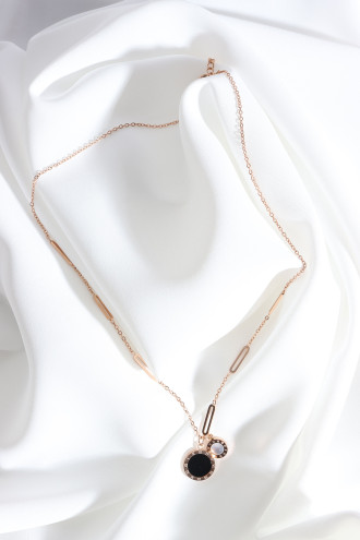 Çelik Siyah Mineli Rose Renk Zincir Kolye