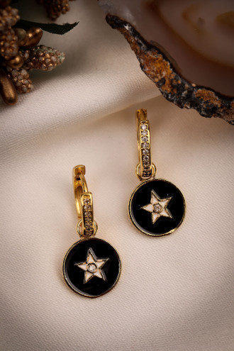 Siyah Mineli Yıldız Figür Gold Renk Halka Küpe