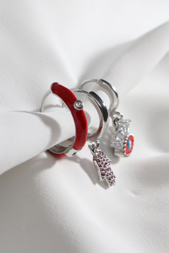 3'Lü Göz Figür Kırmızı Mineli Gümüş Renk Küpe