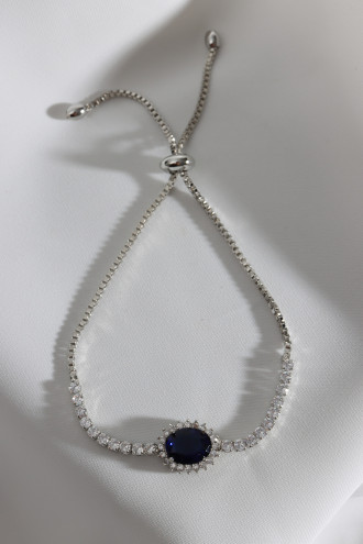 Oval Lacivert Zircon Taşlı Anturaj Gümüş Renk Su Yolu Asansörlü Bileklik