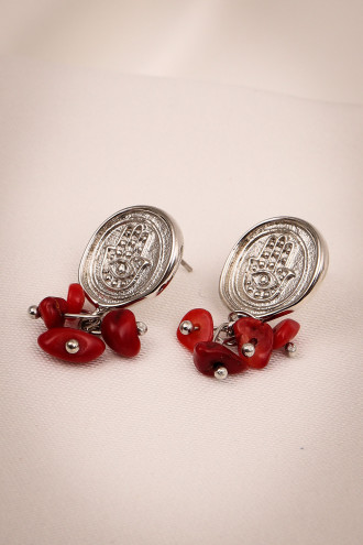 Kırmızı Doğal Taş Sallantılı Fatma Ana Eli Gümüş Renk Küpe