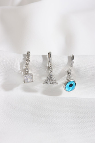 3'Lü Nazarlık Figürlü Gümüş Renk Küpe 3'Lü Nazarlık Figürlü Gümüş Renk Küpe