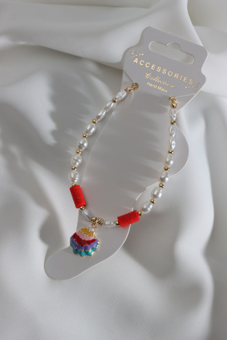 Kırmızı Fimo Boncuk Detaylı İncili Deniz Kabuğu Uçlu Halhal