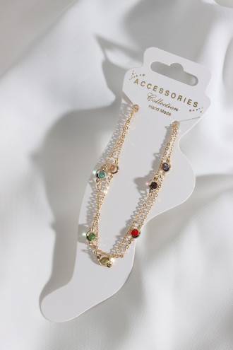 2'Li Zincirli Renkli Taşlı Gold Renk Halhal