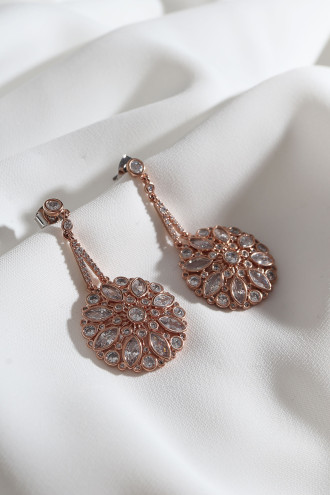 Yuvarlak Taşlı Rose Renk Abiye Küpe