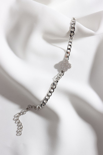 Zircon Taşlı Gümş Renk Yonca Zincir Bileklik