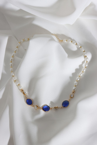 Lacivert Oval Taşlı İnci Kolye
