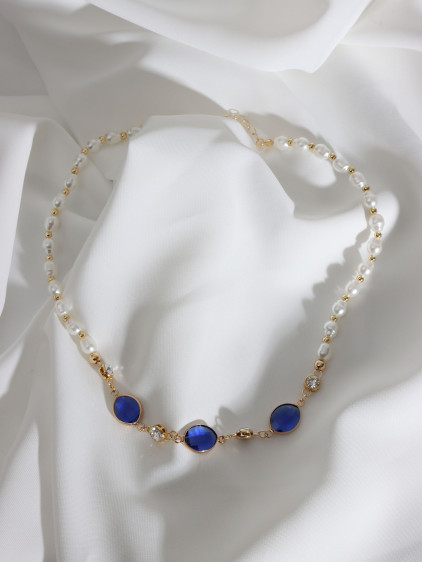 Lacivert Oval Taşlı İnci Kolye