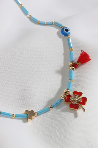 Yonca Uçlu Kırmızı Yıldızlı Mavi Kolye