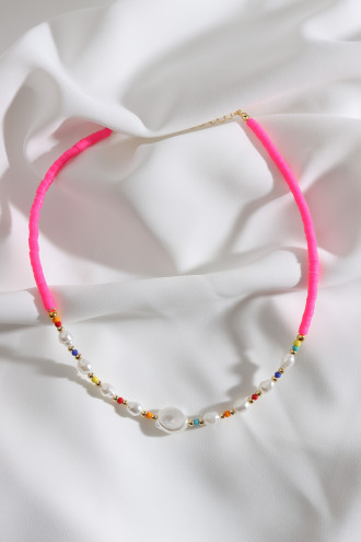 Koyu Pembe Fimo İnci Detay Boncuk Kolye