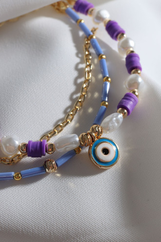 Mor Fimo Boncuklu İnci Detay 3'Lü Nazar Boncuklu Bileklik