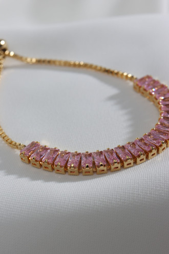 Pembe Baget Taşlı Gold Renk Asansörlü Su Yolu Bileklik