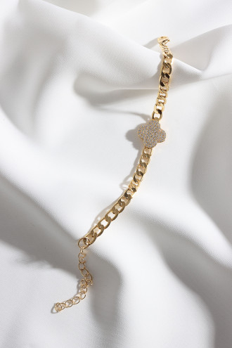 Zircon Taşlı Gold Renk Yonca Zincir Bileklik