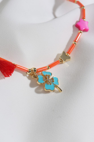 Yonca Uçlu Pembe Yıldızlı Turuncu Kolye