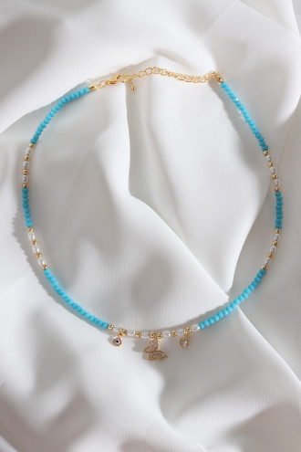 Kelebek Charmlı İnci Detay Mavi Boncuk Kolye